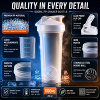 Bouteille de 600 ml en plastique sans BPA, étanche, pour la gym et le sport, idéale pour boire directement et mélanger les protéines en poudre, écologique