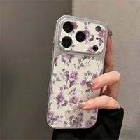 Coque de téléphone minimaliste en cuir texturé à motif floral plein écran pour iPhone 16 17 Pro Max avec grande fenêtre et bordure électroplaquée