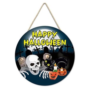 Letrero Redondo de Madera para Colgar en la Puerta de Halloween, Decoración de Halloween con Letras Impresas, Calabaza Espeluznante, Gato Negro, Bruja, Decoración de Pared - Product Image 4