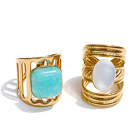 Bague ajustable JINYOU 2138 style vintage en acier inoxydable avec pierre naturelle amazonite carrée et ouverture large creuse