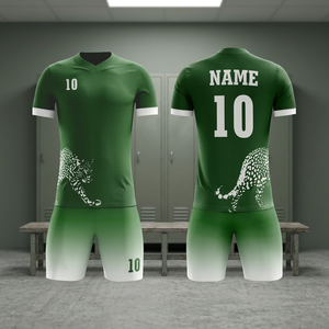 Ensemble de maillot de football personnalisé pour homme, sublimé, col en V, imprimé léopard vert, kit short athlétique anti-transpiration - Product Image 2