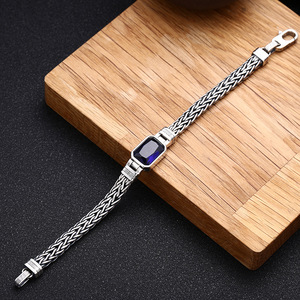 Bracciale in argento Sterling 925 per uomo intrecciato a mano intarsiato bracciale in zircone blu gioielli Punk retrò tipo maschile - Product Image 2