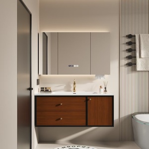 Modern Wood Tone Bathroom Vanity with LED Time Display <b>Mirror</b> Heat-Bent Integrated Basin <b>Wall</b>-Mounted Storage Cabinet - Product Image 3