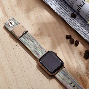 Yumuşak bez kumaş tuval hakiki deri astar yapış düğme Apple serisi için saat kayışı kayış