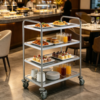 Chariot de transport alimentaire de cuisine à 4 niveaux en acier inoxydable SS304 SS201, chariot de service pour buffet d'hôtel avec roues pivotantes