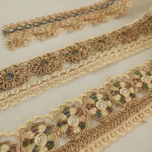 Factory Directly Embroidery weaving Gold silk gauze Polyester lace trim in yards