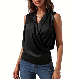 Women's Satin Wrap Front Sleeveless Blouse - Cowl Neck Casual <b>Top</b> Shirt Fashion - Product Image 2