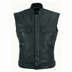 Chaleco de Cuero Genuino Transpirable para Motociclistas, con Logotipo Frontal, Sin Mangas, para Invierno, con Cierre de Cremallera y Bolsillos, Color Negro - Product Image 1