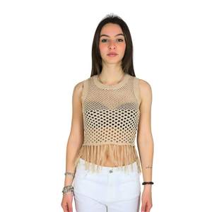 Women's <b>Tank</b> <b>Top</b> DKE8039 Beige Mesh Fringe Crop <b>Top</b> <b>Summer</b> Fashion - Product Image 1