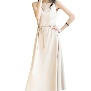 Robe longue élégante en soie pour femme, col rond, sans manches, couleur unie, légère, pour l'été, usage quotidien, ourlet droit - Product Image 1