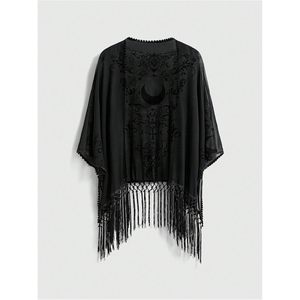 Women's Goth Tassel <b>Kimono</b> Boho Fringe Sheer Mesh Batwing Sleeve Asymmetric Cover Up Swimwear Poncho Cardigan Top - Product Image 2