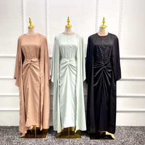 Yeni moda uzun kollu açık Abaya elbise boncuk tasarım müslüman kadınlar için <span class=keywords><strong>3</strong></span>-Piece Set-Islam giyim Maxi Kimono Nida yaz - Product Image 6