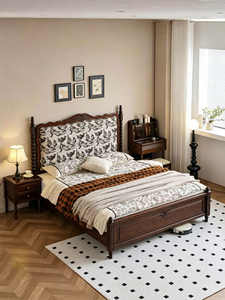 Traditional Upholstered Wooden <b>Bed</b> Frame Queen Size Fabric Headboard <b>Storage</b> <b>Bed</b> with Toile Pattern Mahogany Finish - Product Image 1