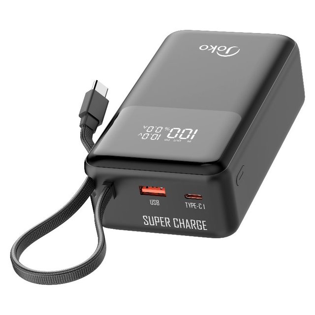 JOKO Trending Product 2026 High Capacity 30000mAh Portable Power Bank 45W PD Fast Charging Built-in Cable with LED Display