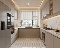 Meubles de cuisine modulaires modernes Lesso Home en panneaux de particules de chêne blanc avec portes vitrées, finition laquée, comptoirs en stratifié marbré, évier et robinet