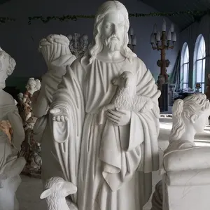 天然石材手工雕刻大理石教堂耶稣人和绵羊雕塑