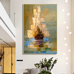 Hiện đại trừu tượng vải nghệ thuật thuyền trong màu xanh lá cây biển thuyền buồm sơn dầu cho hành lang - Product Image 2