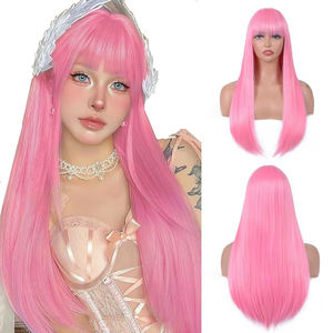 Perruque bandeau noire souple en fibre synthétique haute température, cheveux longs et raides, avec frange très volumineuse, en maille extensible confortable - Product Image 1