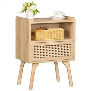 Furniture Factories China Nightstand with Rattan Drawer Bed Side Organizer Wooden Style Stand Furniture Bedroom Bedside Table
