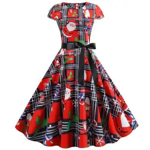 Vrouwen Dress Party Hoge Taille Korte Mouwen Kerst Print Kerst Jurken Voor Vrouwen Kleding Dames