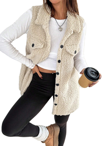 Thickened <b>Warm</b> Design Knitted Button Casual <b>Cardigan</b> Lapel <b>Women's</b> Sleeveless Loose Solid Color Eco-Friendly Windproof Fleece - Product Image 1