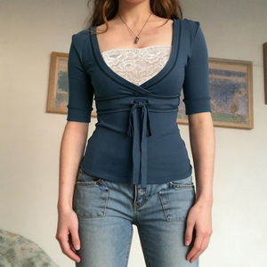 Solid Color Lace Patchwork Short Sleeve Knitted Breathable Eco-Friendly Floral T-Shirt for Women Chic <b>Tie</b>-Up Minimalist Casual - Product Image 3