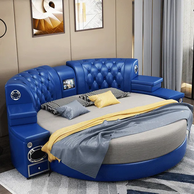 Fabrika çok fonksiyonlu mobilya deri sökme yuvarlak yatak kral modern daire yuvarlak deri yatak wite hoparlör