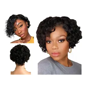 Potongan Harga Wig Pixie Depan Renda Rambut Manusia Bagian T Keriting Virgin Brasil untuk Wanita Kulit Hitam