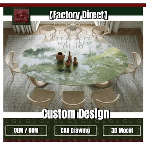 Mesa de Mármol Ovalada Verde Acuarela con Diseño Personalizado para Comedor de Villa de Lujo GOLDKING, Directo de Fábrica, OEM, ODM, Modelado CAD 3D - Product Image 1