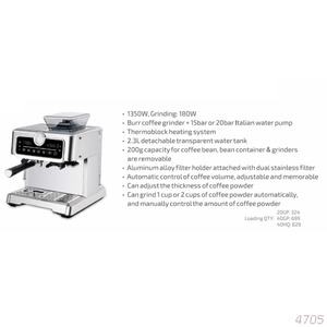 Máquina de Espresso Comercial Semiautomática Bean to Cup de 1350W con Contenedor de Granos de 200g y Molinillo Integrado, Cafetera Profesional - Product Image 5