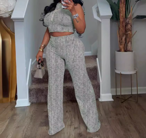 Viviblook Z812ST04 Traje de verano para mujer, informal, sin mangas, estampado, top corto, pantalones sueltos, talla grande, traje de dos piezas - Product Image 2