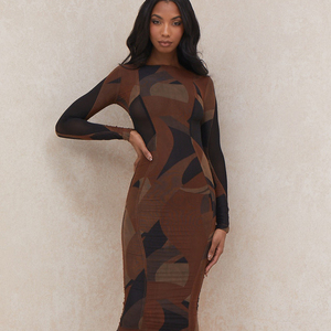 Abiti primavera del 2021 Trend <span class=keywords><strong>di</strong></span> <span class=keywords><strong>Abbigliamento</strong></span> Delle Signore Vestito Lungo Marrone Della Stampa Delle Donne del Vestito Elegante - Product Image 1
