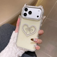 Coque de luxe antichoc avec oreilles de chat, strass, perles et cœur pour iPhone 17 16 15 Pro Max, protection 3D avec nœud et diamants scintillants