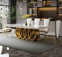 Ensemble de Table et Chaises de Salle à Manger Moderne de Villa en Acier Inoxydable Doré, Grande Table 8 Places avec Plateau en Marbre