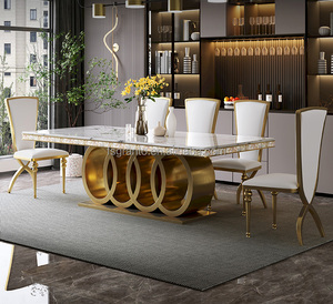 Vàng Thép Không Gỉ 8 Chỗ Ngồi Bàn Dài Đặt Phòng Ăn Đồ Nội Thất Bằng Đá Cẩm Thạch Hàng Đầu Bàn Ăn Và Ghế Biệt Thự Hiện Đại Ăn Uống Thiết Lập - Product Image 2