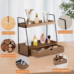 Étagère de rangement en bois à double couche avec tiroir pour organiser les cosmétiques sur le bureau - Product Image 1