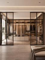 Dressing sur mesure moderne et minimaliste avec portes vitrées à cadre noir, îlot central et éclairage LED pour villa, mobilier sur mesure pour toute la maison