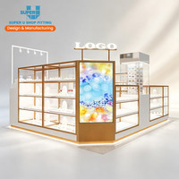 Kiosque à bijoux en métal doré sur mesure, comptoir vitrine verrouillable avec écran numérique pour la vente au détail en centre commercial