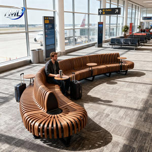 Banc d'attente en bois massif avec dossier incurvé, design moderne, durable pour un usage commercial dans les aéroports et les gares - Product Image 2