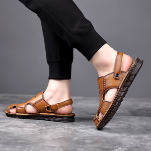 Sandales en cuir pour hommes, couleur beige, à bout fermé, convertible, avec bride arrière, semelle perforée respirante, antidérapantes, chaussures décontractées d'été - Product Image 3