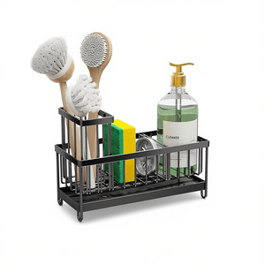 Organisateur d'évier de cuisine en acier inoxydable noir, support de rangement multifonctionnel pour comptoir, porte-éponge au design minimaliste - Product Image 1