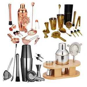 550Ml/750Ml Roestvrij Staal Zilver Koper Gouden Gunmetal Zwarte Cocktail Shaker Barman Set Barman Set Met Houten Standaard