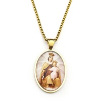 Collier pendentif Notre-Dame du Mont Carmel en acier inoxydable, avec photo ovale en verre, religieux, Vierge Marie, Bébé Jésus, catholique