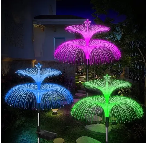 Newish lampu taman tenaga surya 7 warna, lampu ubur-ubur serat optik ubur-ubur ganda