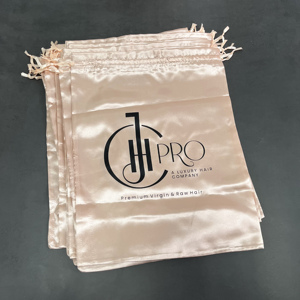Custom Light Pink Satin <b>Drawstring</b> <b>Bags</b> with Black Logo - Luxury Hair Extension Packaging Pouches for Small Business - Product Image 4