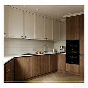 Armoire plate minimaliste Vermont, base en bois <span class=keywords><strong>de</strong></span> <span class=keywords><strong>noyer</strong></span>, armoire <span class=keywords><strong>de</strong></span> <span class=keywords><strong>cuisine</strong></span> en bois bicolore avec <span class=keywords><strong>plan</strong></span> <span class=keywords><strong>de</strong></span> <span class=keywords><strong>travail</strong></span> en quartz blanc - Product Image 6