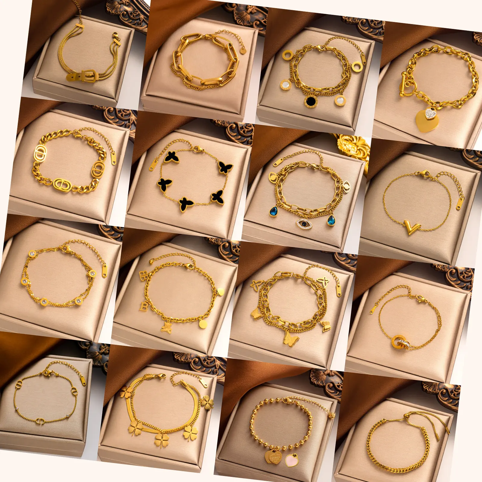 Großhandel Herz Liebe-Vierblättrigen Kleeblatt-Design-Anti-Verschleiß 18k PVD-Gold Edelstahl-Charme Titan Damen-Damen-Armbänder