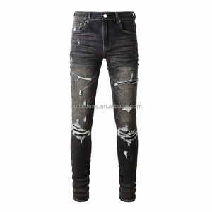 Nuevo con etiquetas Diseño desgastado Destroyed Streetwear Slim Fit Jeans Y2K Paint Ripped Knee Skinny Jeans Hombres Pantalones de mezclilla - Product Image 1
