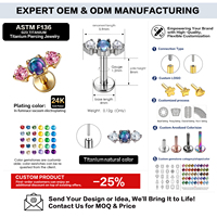 Boucles d'oreilles sans filetage en titane de qualité implant G23 ASTM F136, plaqué or 24 carats, avec tige à pression, bijoux de piercing labret, fabricant