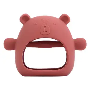 Sarung tangan beruang kecil lucu gaya aman silikon dapat dikunyah kualitas makanan bebas Bpa Logo warna kustom mainan gigitan bayi